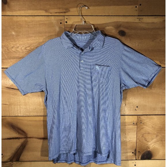 B. Draddy Polo Golf Shirt Mens Size Large OS Logo Pocket Pinstripe Blue EUC - Picture 1 of 12